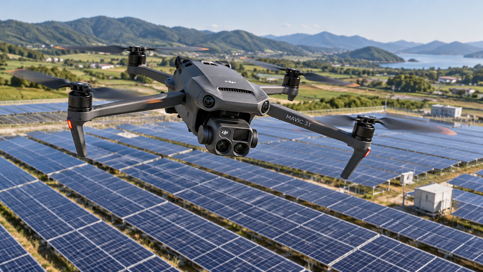 열화상 카메라를 탑재한 DJI Mavic 3T가 태양광 발전시설을 점검하는